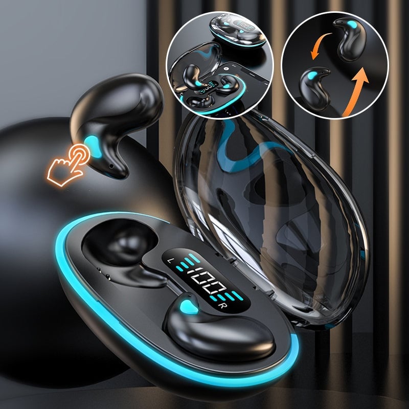 Wireless bone conduction sleep earbuds resting on a clean white surface