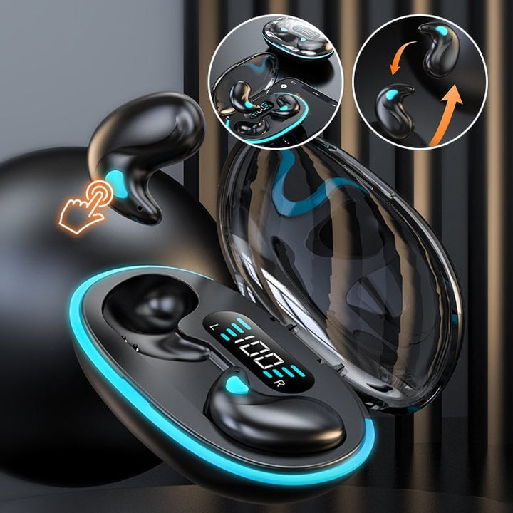 Wireless bone conduction sleep earbuds resting on a clean white surface