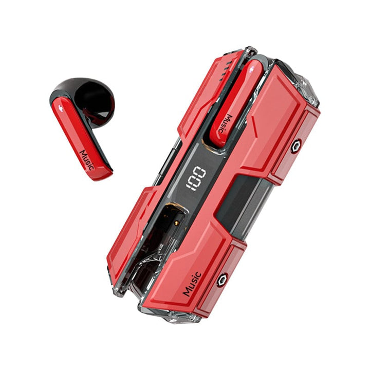 Stereo sound wireless headset showcasing compact charging case