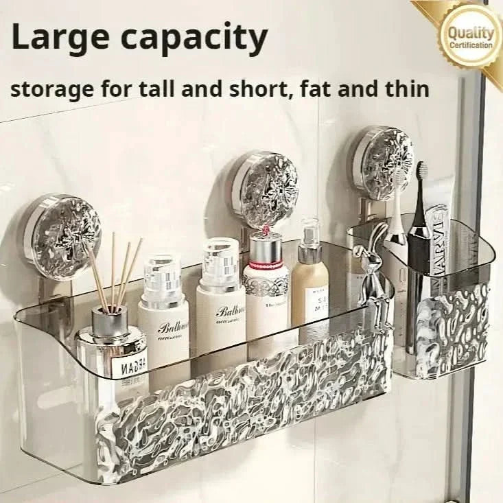 Transparent suction shelf mounted on tiles for home storage and kitchen organiser use