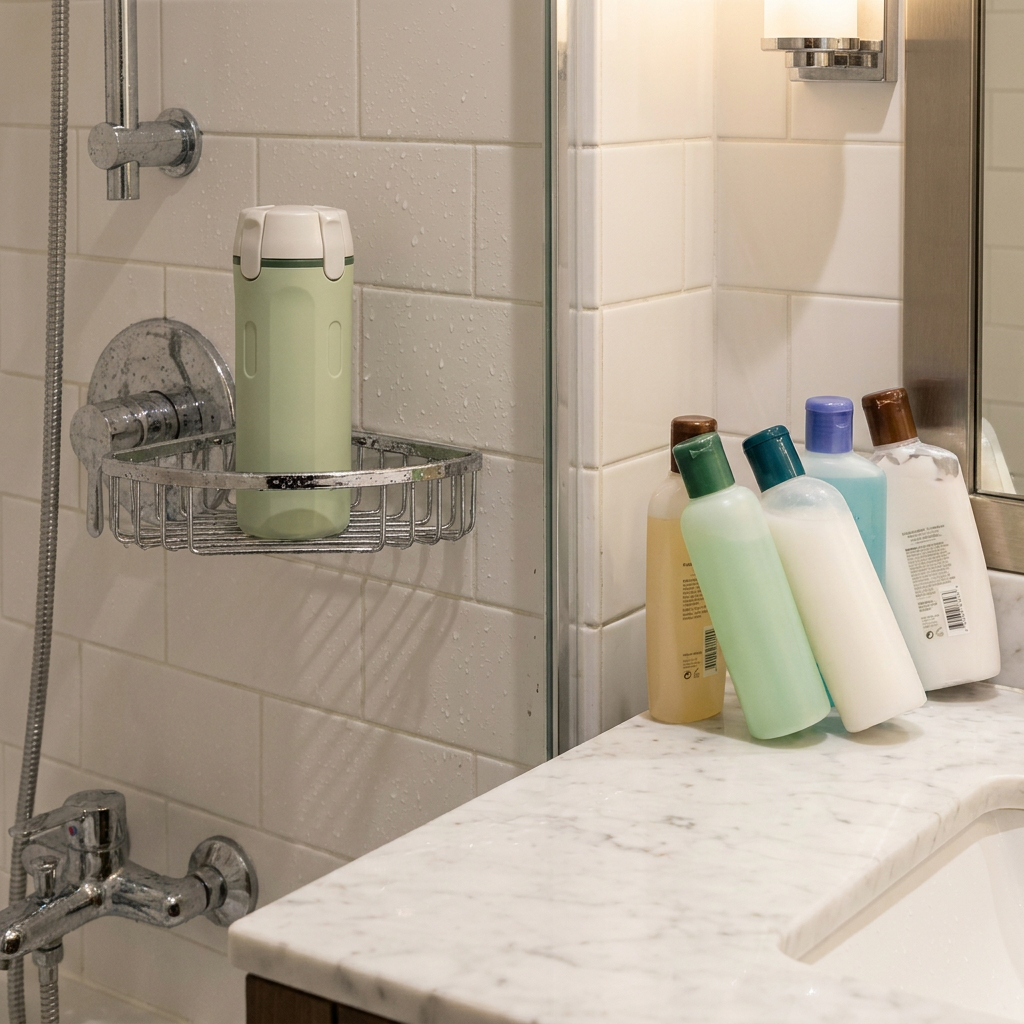 Green 4-in-1 travel bottle placed in a bathroom shower caddy