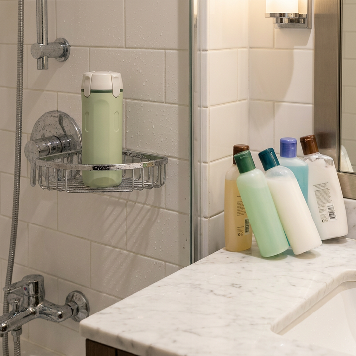 Green 4-in-1 travel bottle placed in a bathroom shower caddy