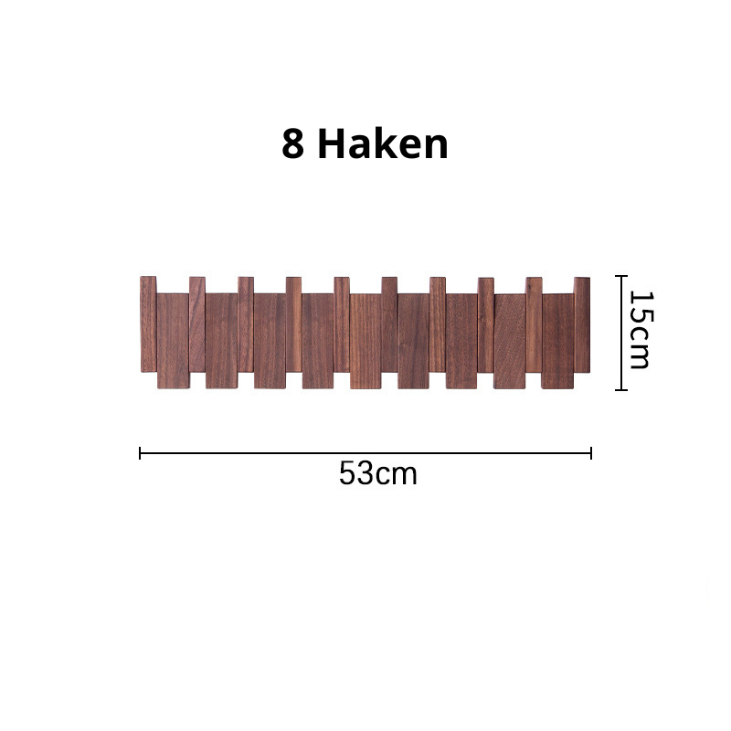 Adjustable wooden wall rack showing folding hooks and natural wood grain