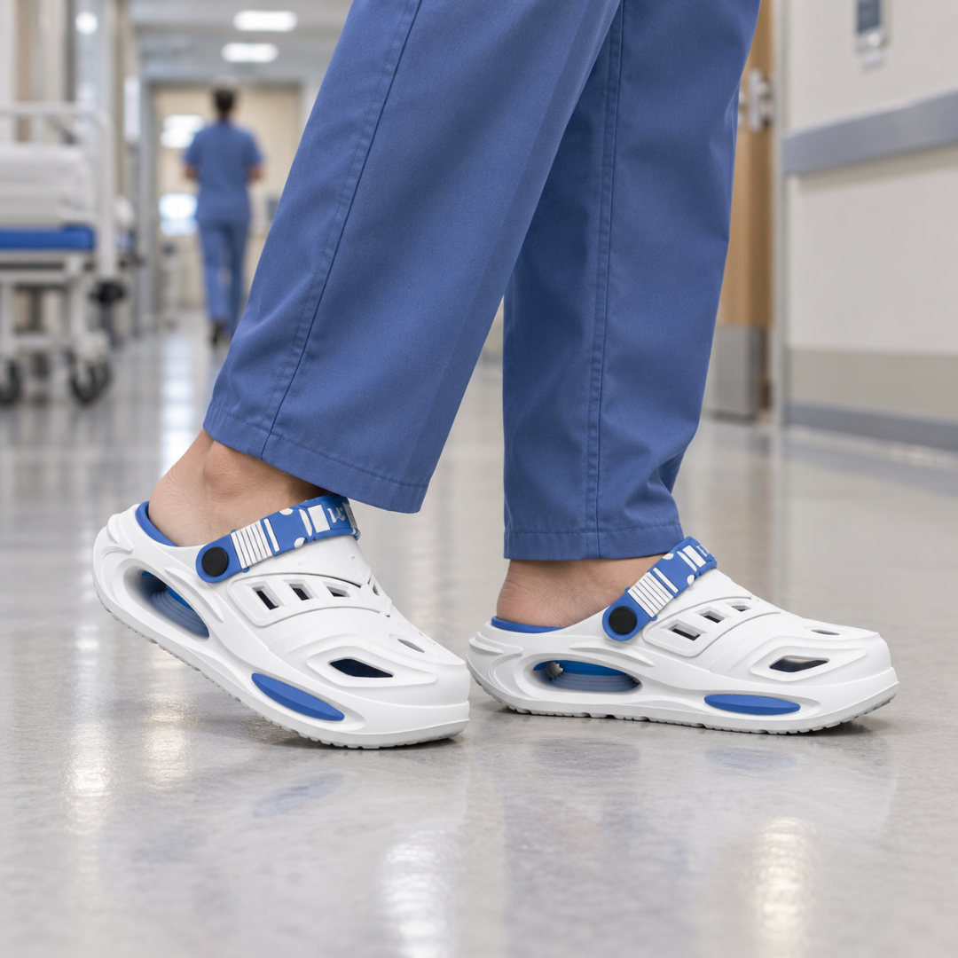 Men wearing white and blue breathable garden clogs in a hallway