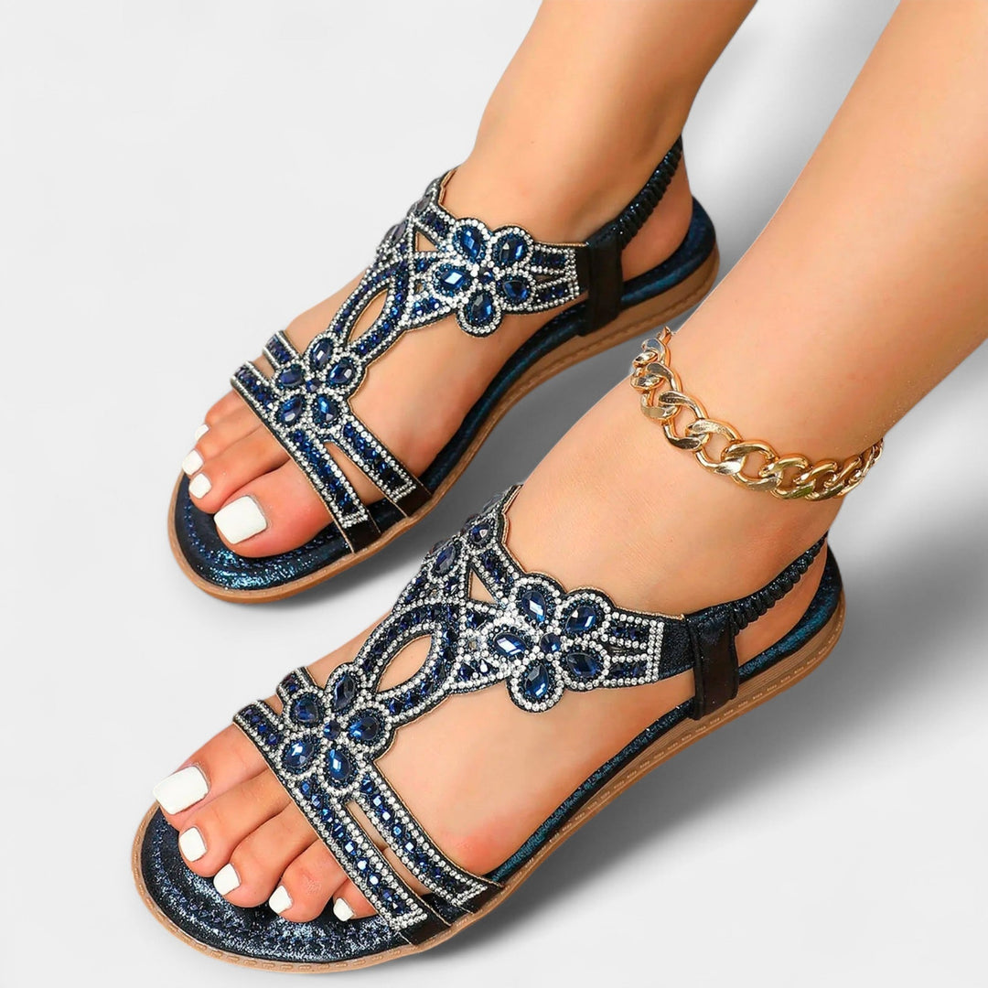 Detailed shot of sparkling rhinestone straps on comfortable orthopedic sandals