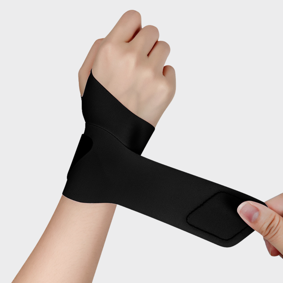 Demonstration of the adjustable black wrist support wrap being fastened securely