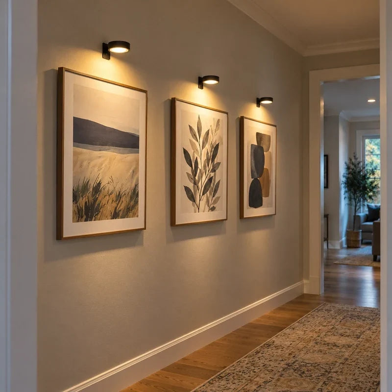Battery-operated art lamp attached to a wall displaying vibrant framed gallery prints