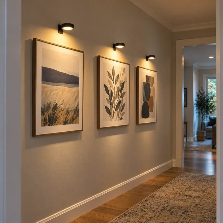 Battery-operated art lamp attached to a wall displaying vibrant framed gallery prints