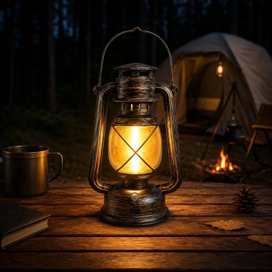 Vintage flame effect camping lantern glowing on wooden table outdoors