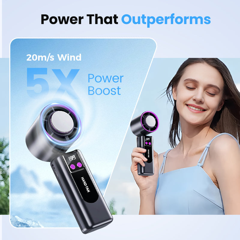 Rechargeable personal fan sitting upright on a flat office desk surface