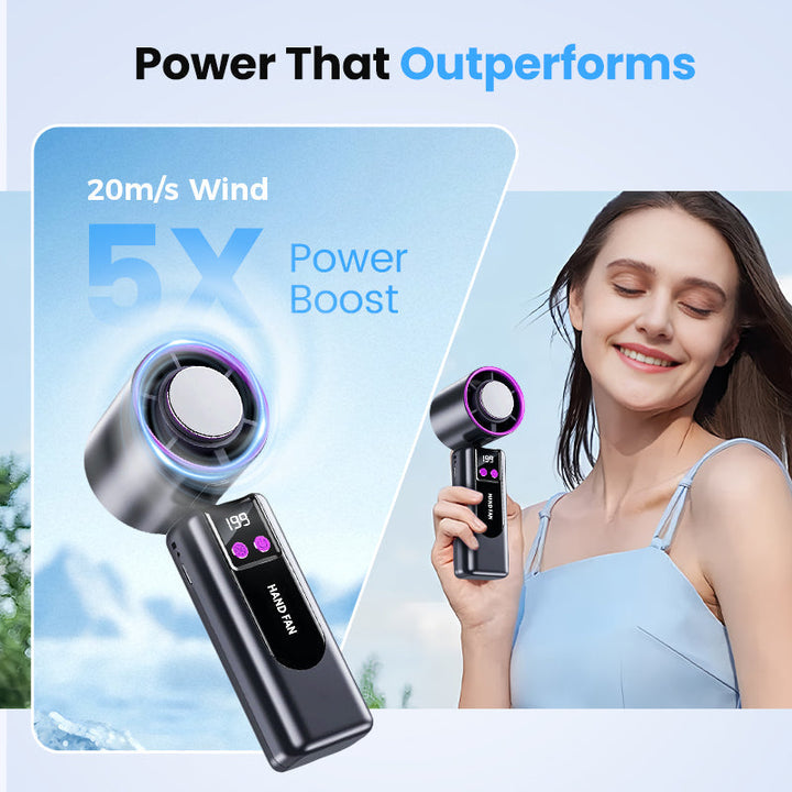 Rechargeable personal fan sitting upright on a flat office desk surface