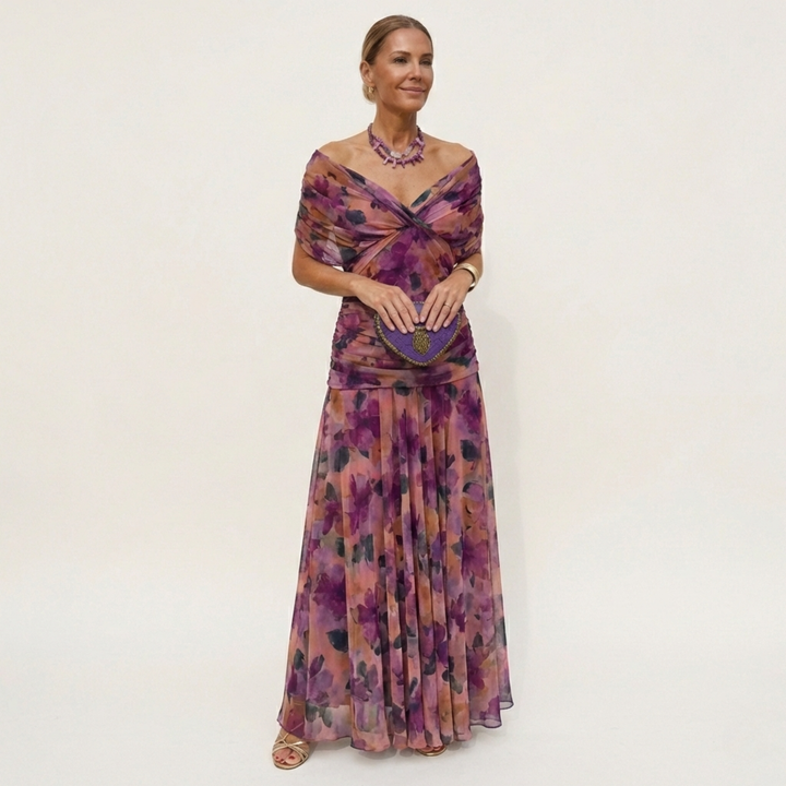 Women's elegant flowing v-neck maxi dress back view