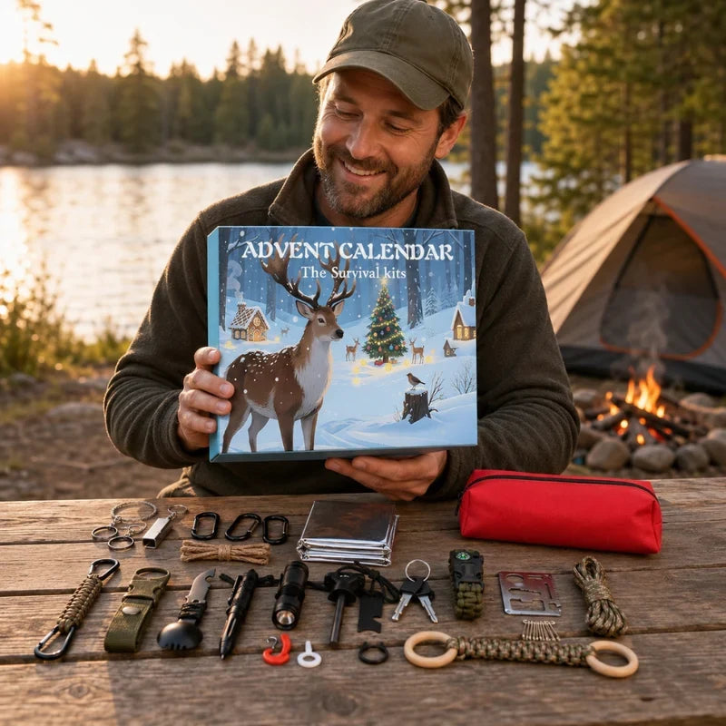 Smiling man holding an outdoor survival gear advent calendar outdoors by a lake