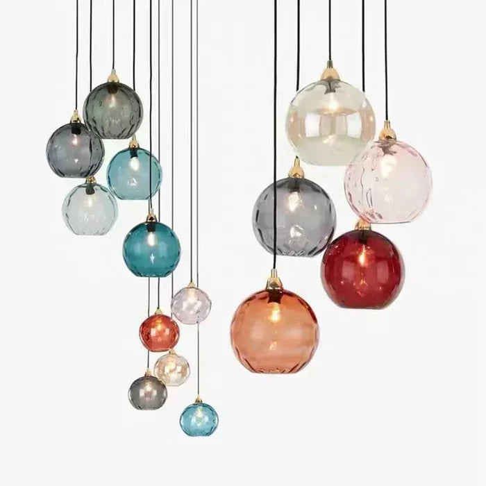 Glass globe pendant light hanging in a modern living room