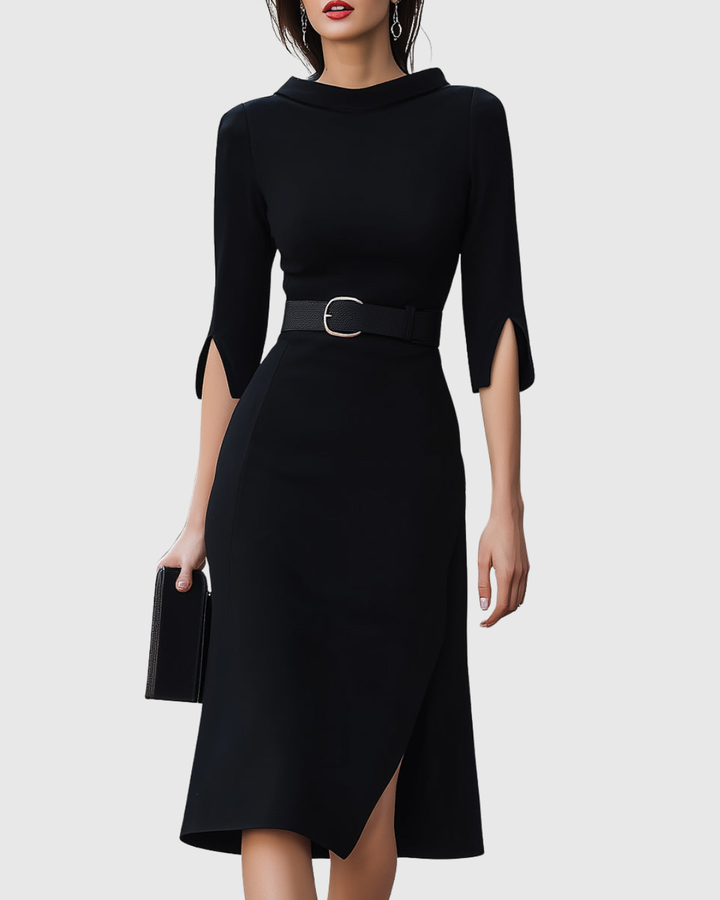 Front view of women's black belted midi dress with split sleeves and high neck