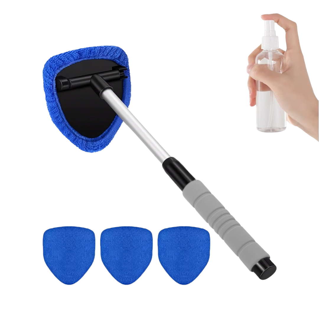 Blue double-sided magnetic car window cleaner with extension handle, extra covers, and spray bottle