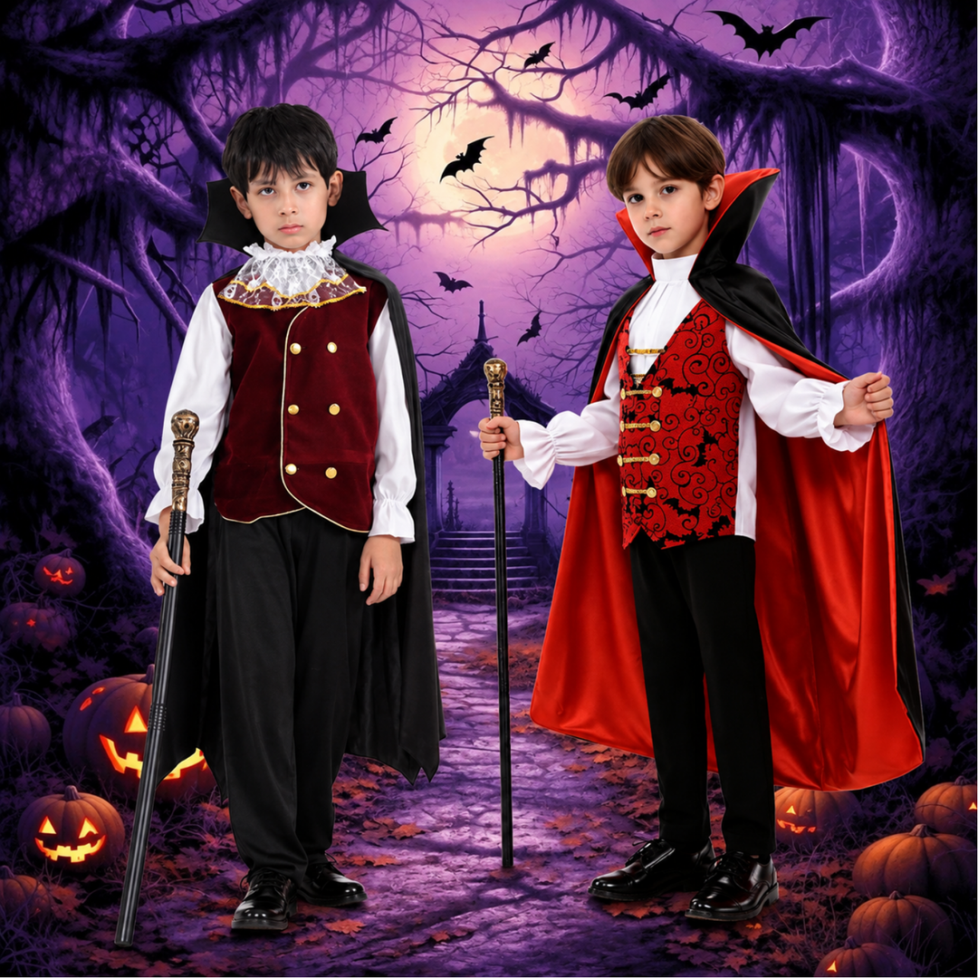 Two boys posing in vampire costumes in a spooky Halloween setting