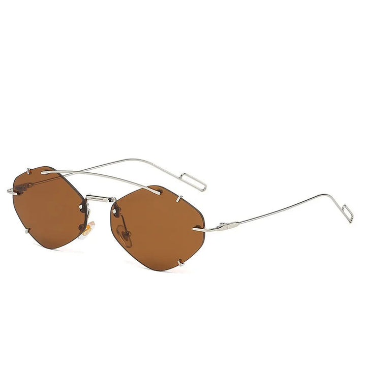 Close-up of luxury retro rimless sunglasses for women featuring rhinestone details