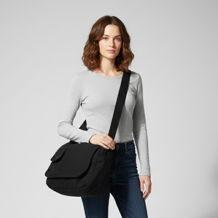 Woman wearing a black canvas messenger bag against a neutral studio background