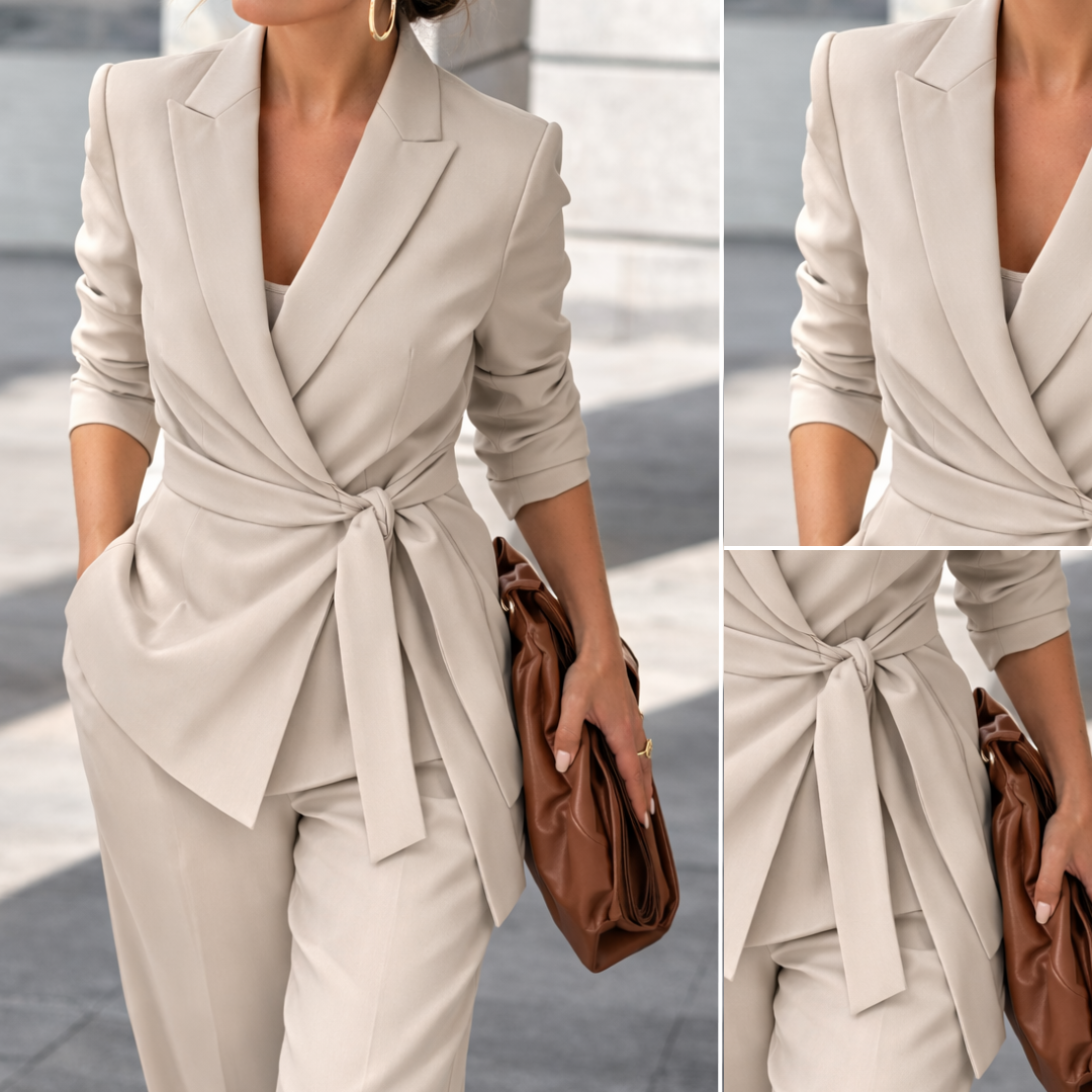 Womens belted blazer and wide leg trousers pantsuit in matching fabric