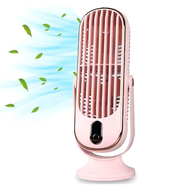 Compact home cooling fan placed on a bedside table in a cozy bedroom setting.