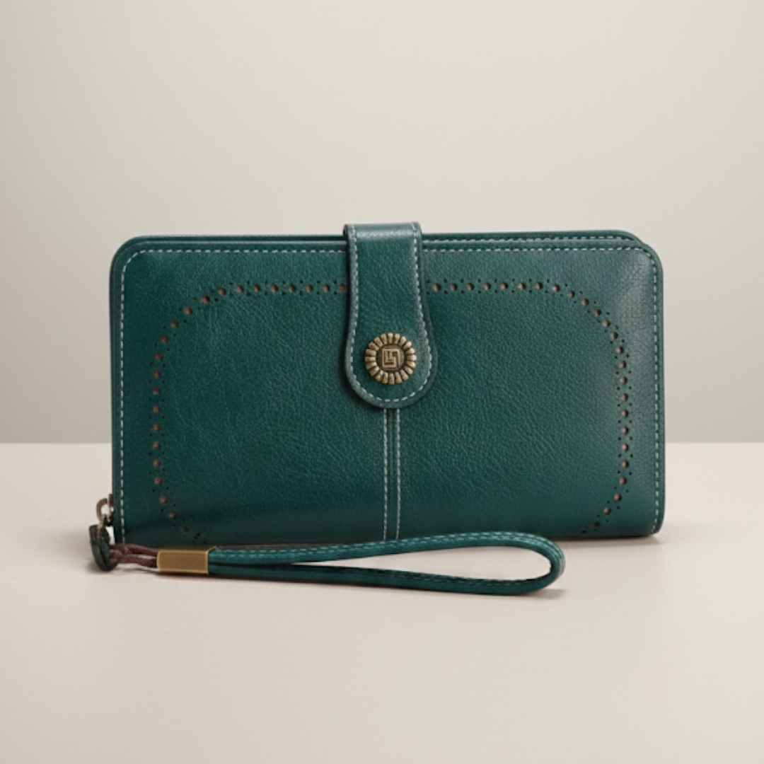 Peacock blue long zip around wallet featuring contrast stitching and snap closure