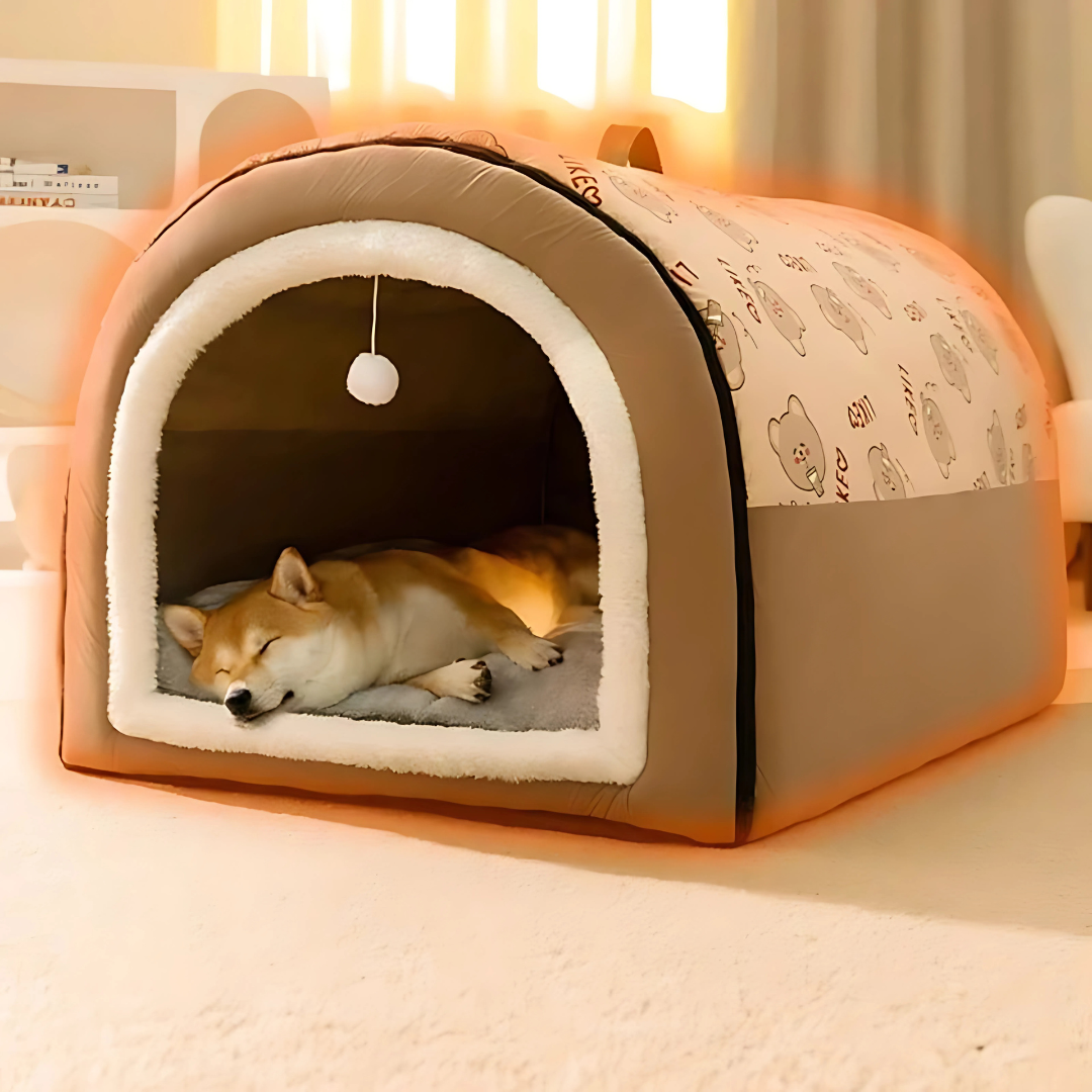 Brown cosy pet house for dogs and cats with a resting Shiba Inu inside