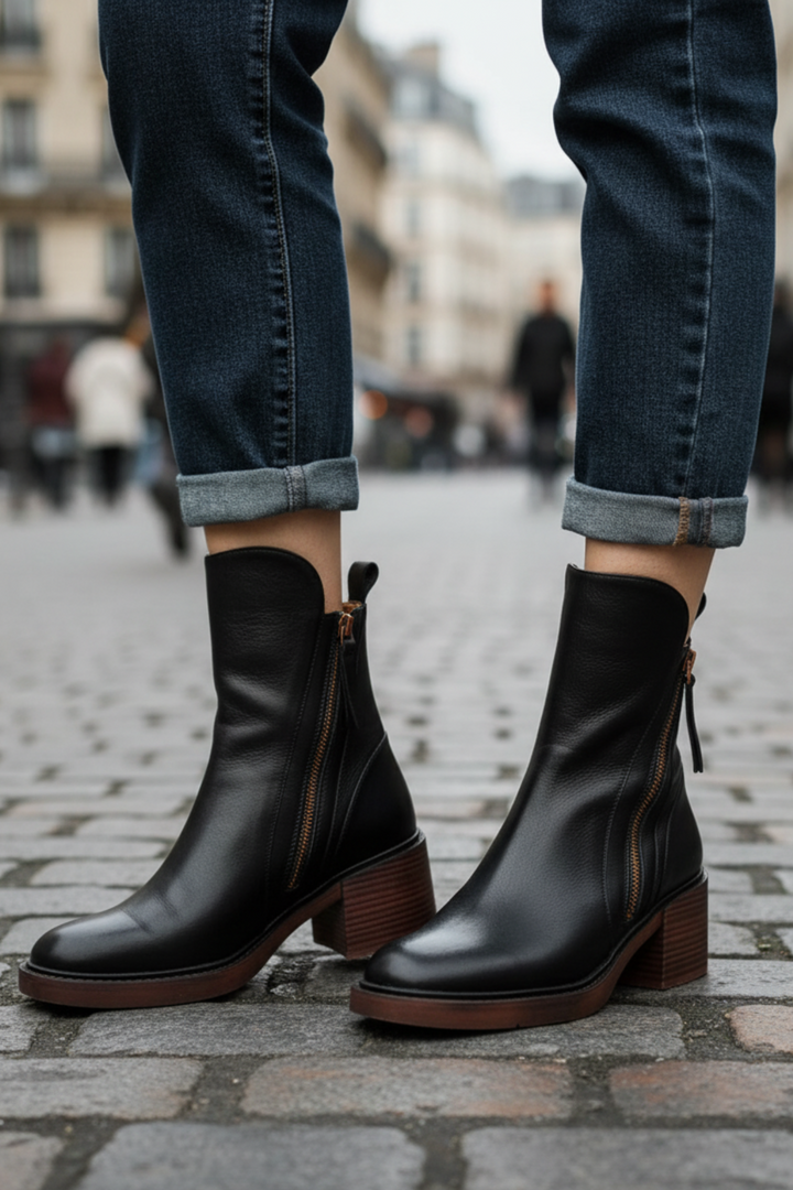 Close-up of the durable textured outsole on women's comfort block heel boots