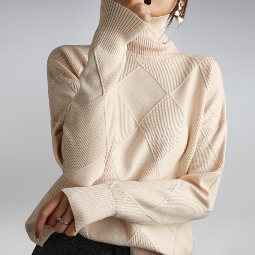 Side view of cozy winter fashion sweater demonstrating comfortable long sleeve fit.