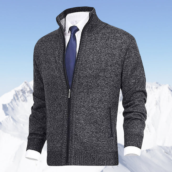 Back view of a classic men's zip cardigan sweater in neutral winter tones