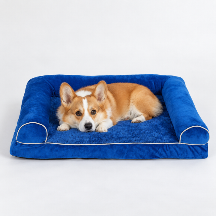 Extra large orthopedic dog bed with supportive foam base and plush bolster