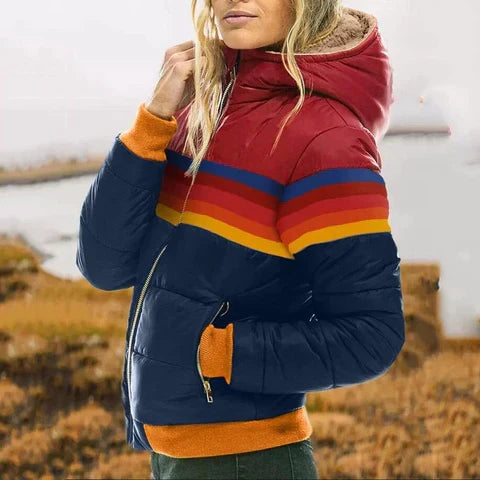 Women retro stripe puffer winter jacket back view, showing warm casual outerwear coat design