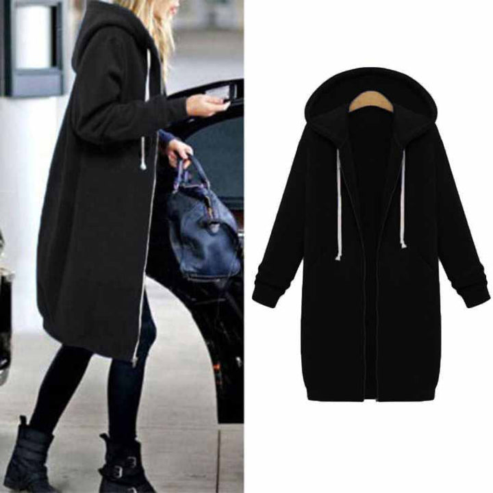 Side profile of womens zip up hooded tunic outerwear