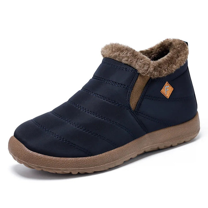 Side profile of blue winter warm slip-on boot with plush interior collar.