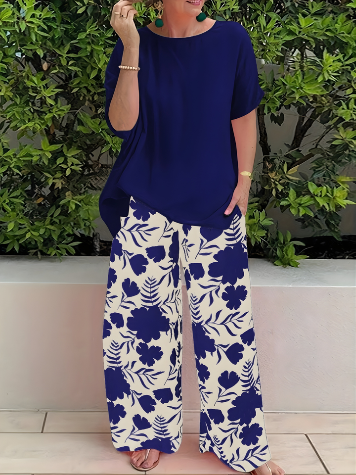 Full view of women's relaxed two-piece loungewear set with wide leg trousers in casual style