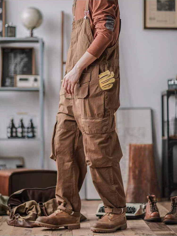 Reinforced knee stitching on durable outdoor pants and utility overalls