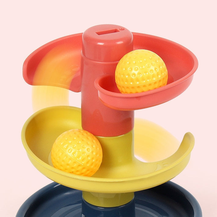 Interactive toddler toy with rolling balls on a multi-tier spinner tower