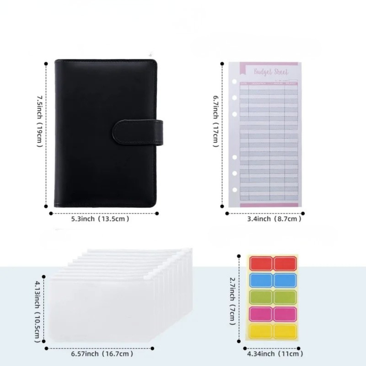 Budget binder accessory flat lay with pen, planner, and cash envelopes