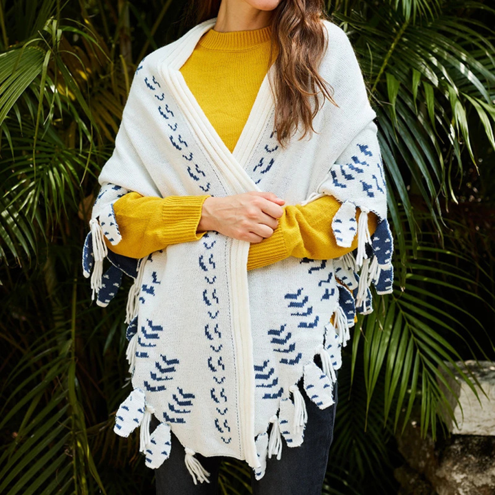 Detailed close-up of the knitted owl texture and pattern on women's winter wrap.