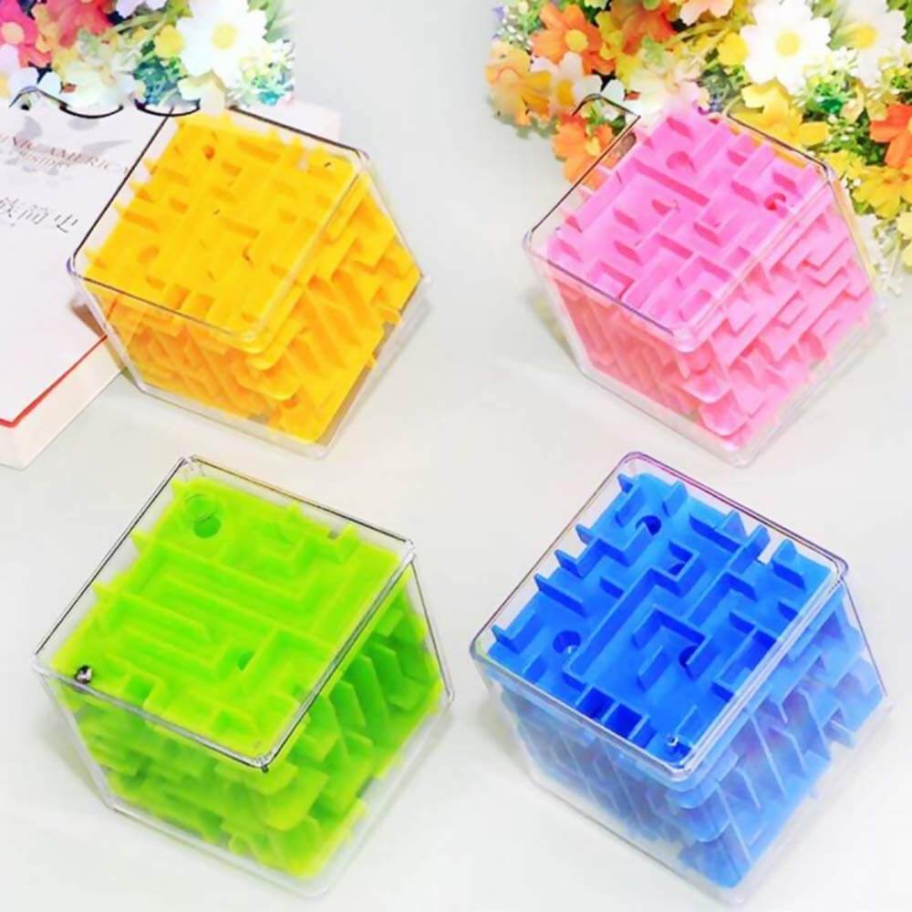 Four vibrant 3D labyrinth cube toys in yellow, pink, green, and blue