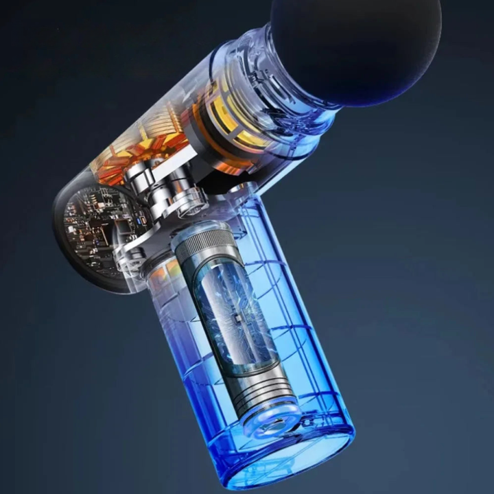 Handheld massage gun and muscle recovery device displayed in a compact travel case