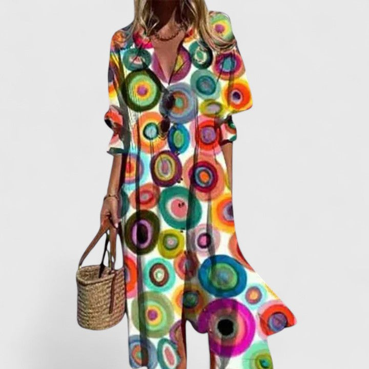 Flowy casual boho dress with long sleeves and a stylish leaf print pattern