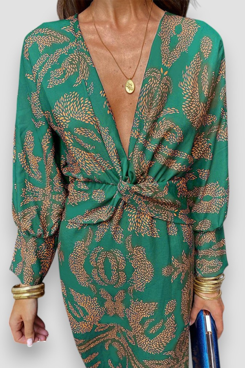 Back view of long sleeve floral midi dress for women's evening wear