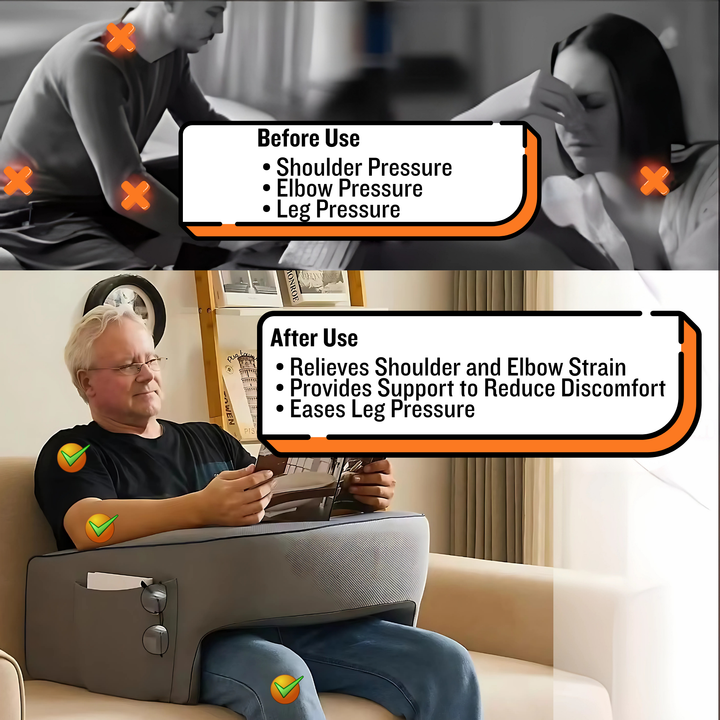 Comparison showing improved posture and reduced strain while using the ergonomic lap cushion