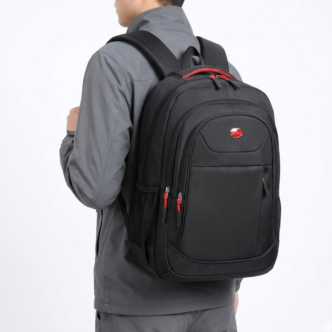 Ergonomic breathable mesh back panel of the unisex business travel backpack.