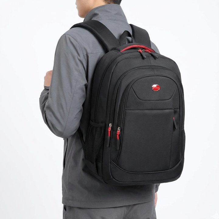 Ergonomic breathable mesh back panel of the unisex business travel backpack.