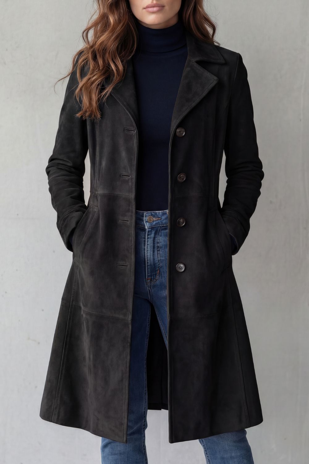 Back view of a classic long coat for women featuring vintage winter style outerwear design