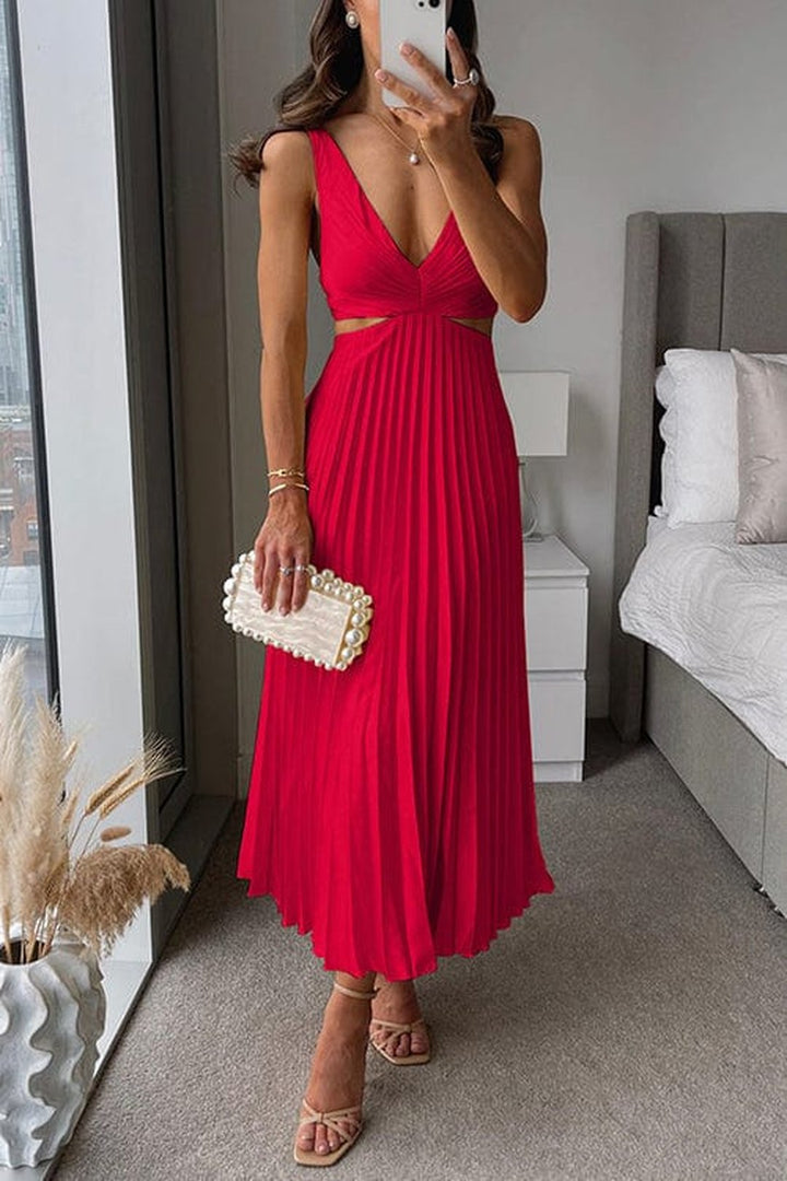 Full-length view of the stylish pleated midi dress for women's fashion
