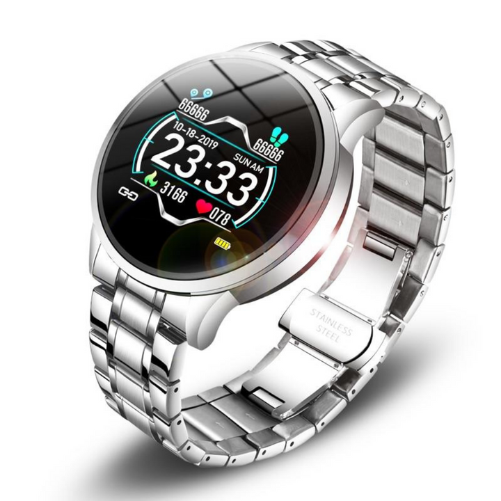 Side profile of unisex silver smartwatch highlighting sleek wearable design