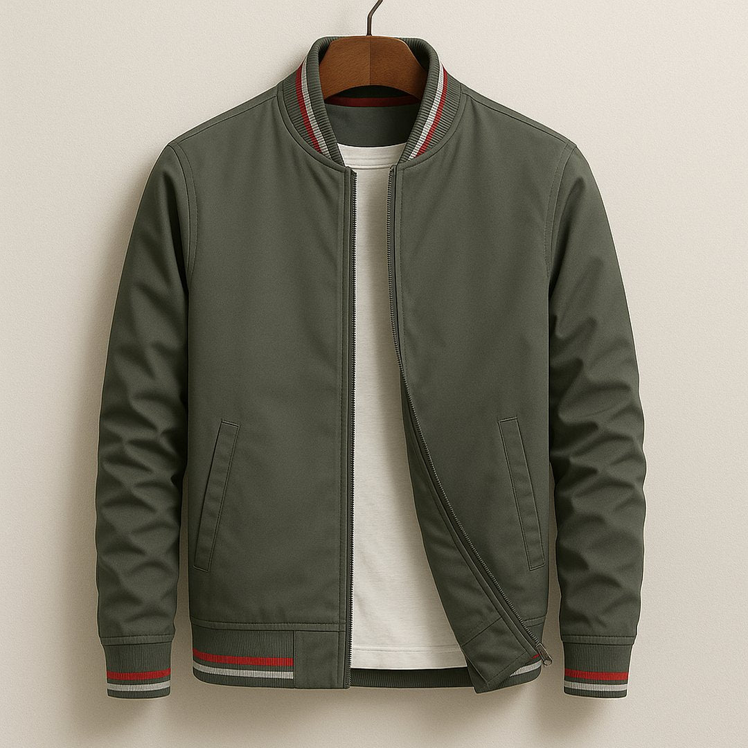 Back view of mens fashion bomber jacket highlighting clean lines and comfortable cut